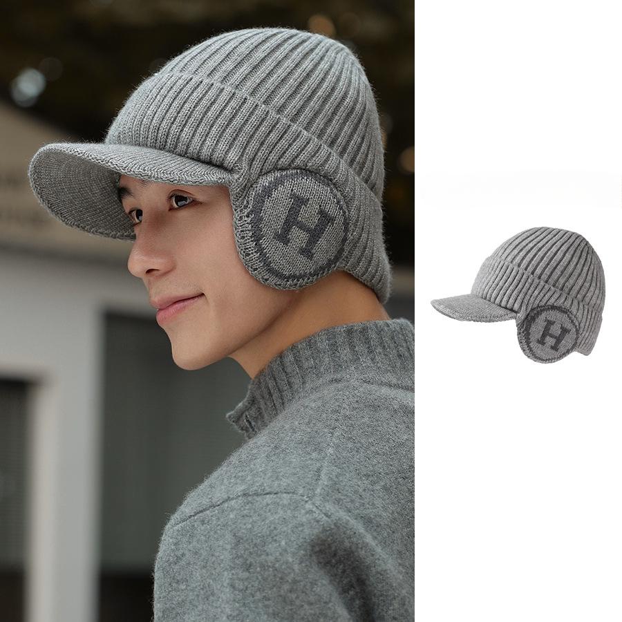 

Мужские зимние утолщенные наушники с буквами и вязаная шапка из бархата для велоспорта, теплая бейсболка Duckbill M（56-58cm） светло-серый