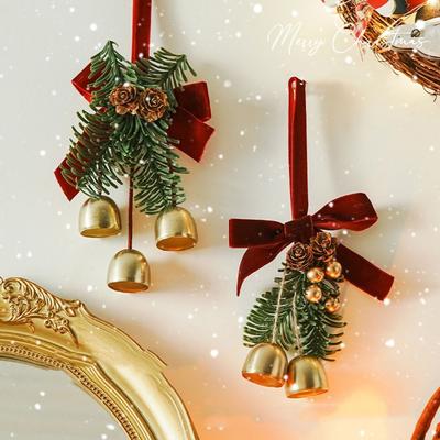 Red Christmas Velvet Bow Bell Wreath Green Christmas Chime Bell Metal Crisp Sound Pine Cone Bell Pendant Xmas Decor