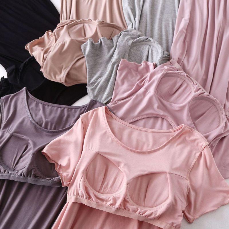 Women Casual Short Sleeve Nightgown Solid Color Pajama Dress with Bra Pad