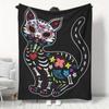 1pc Mexican Day of the Dead Style Skull Cat Print Flannel Blanket, Autumn Home Decor, Soft and Skin-Friendly Nap Blanket, Living Room Sofa Leisure Bla