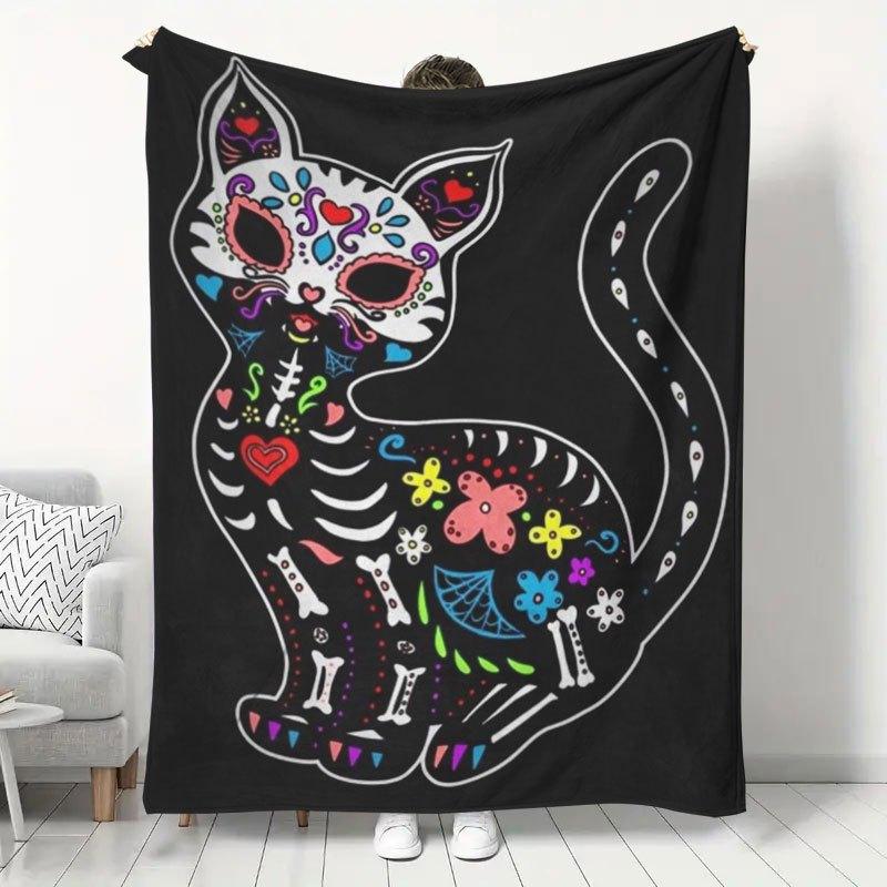 1pc Mexican Day of the Dead Style Skull Cat Print Flannel Blanket, Autumn Home Decor, Soft and Skin-Friendly Nap Blanket, Living Room Sofa Leisure Bla