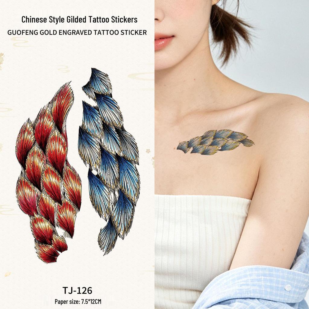 Chinese Style Waterproof Phoenix & Koi Tattoo Sticker - Long-lasting, Aesthetic Dunhuang Design for Arm & Collarbone