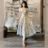 Blue Floral French Square Neck Midi Dress with Waist-Cinching Design