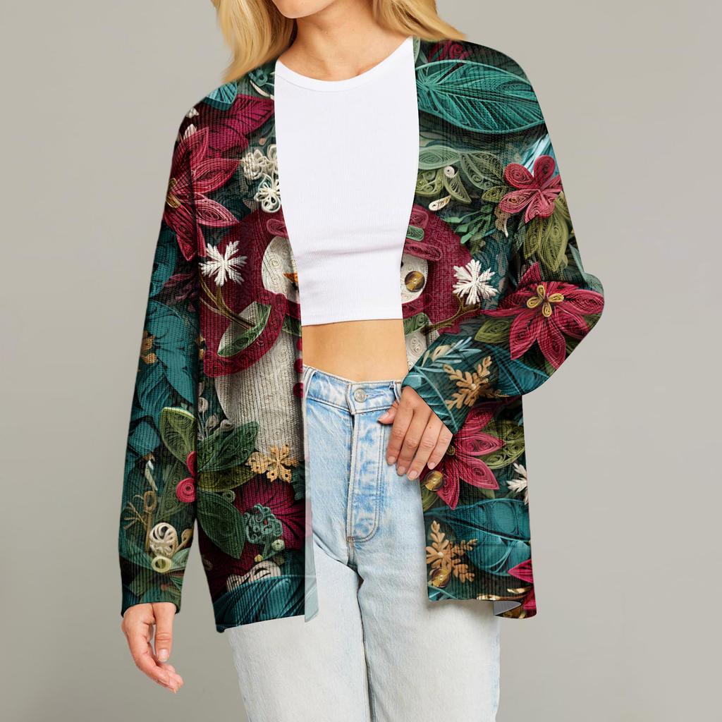 Women's Fashion Long Sleeve Print V-Neck Button Loose Cardigan Top