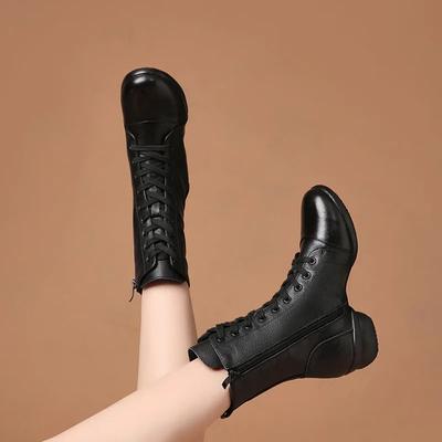 Genuine Leather Sports Boots Latin Dance Shoes Soft Soled Women Middle Heel Woman Ballet Shoe Social Sailor Girls Square
