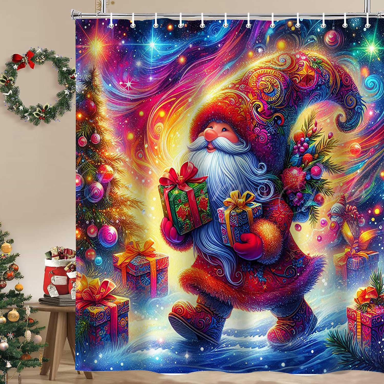 

Christmas Tree Santa Claus Print Bathing Curtain Bathroom Shower Curtain With 12 Hooks Bathroom Home Decor And Accessories W60H190(CM)-1 Pcs
