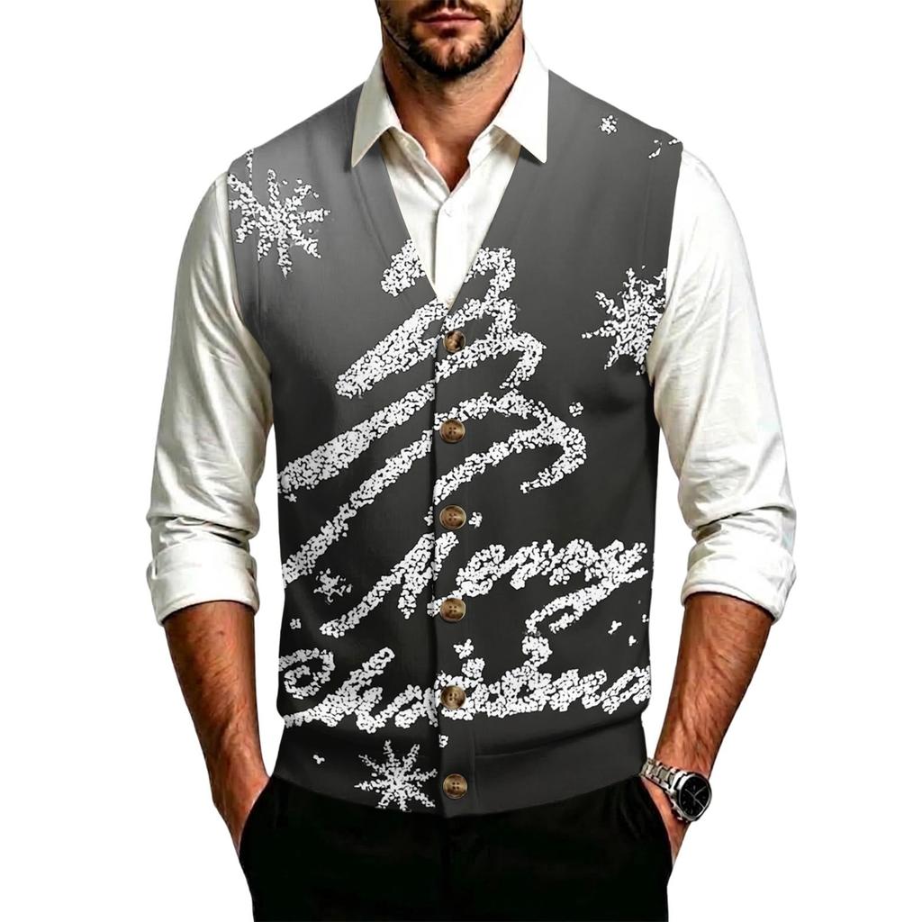 Men's V-Neck Christmas Print Sweater with Large Buttons