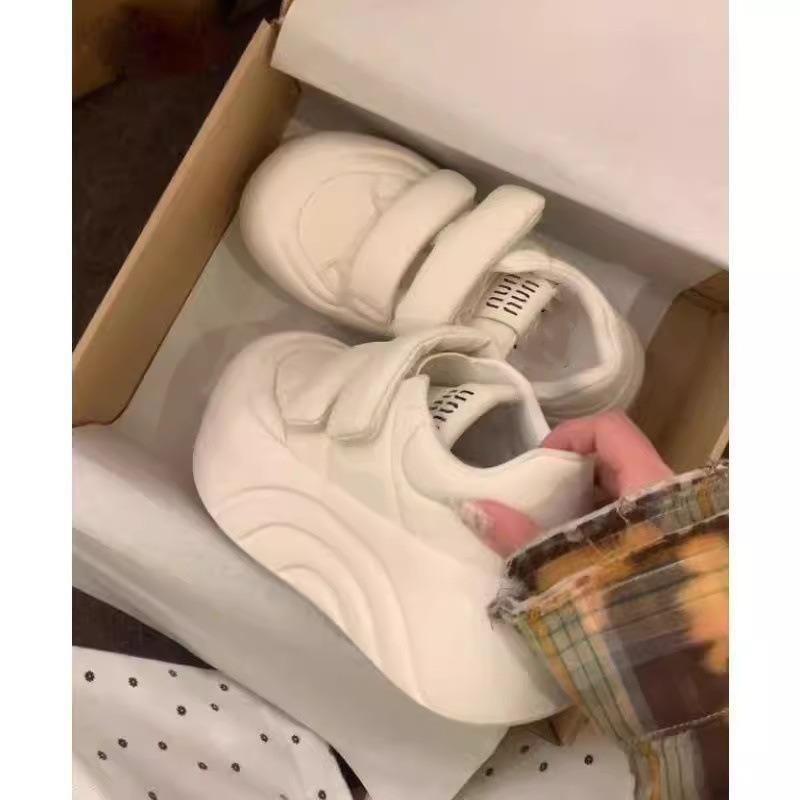 White Sneakers Women's Spring and Summer Heightening Platform White Shoes Velcro Ugly Cute Board Shoes Muffin Round Head Bread Shoes