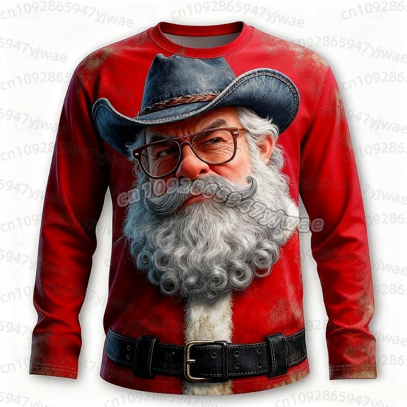 2026 Christmas Men T-Shirts Santa Claus Print Long Sleeve Tee O-Neck Tees Trendy Street Christmas Party Autumn Men Women T-Shirt