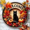 Autumn Round Welcome Sign, Black Cat & Fall Harvest Elements (Pumpkins, Maple Leaves), Wooden Hanging Wall Decor for Home Porch