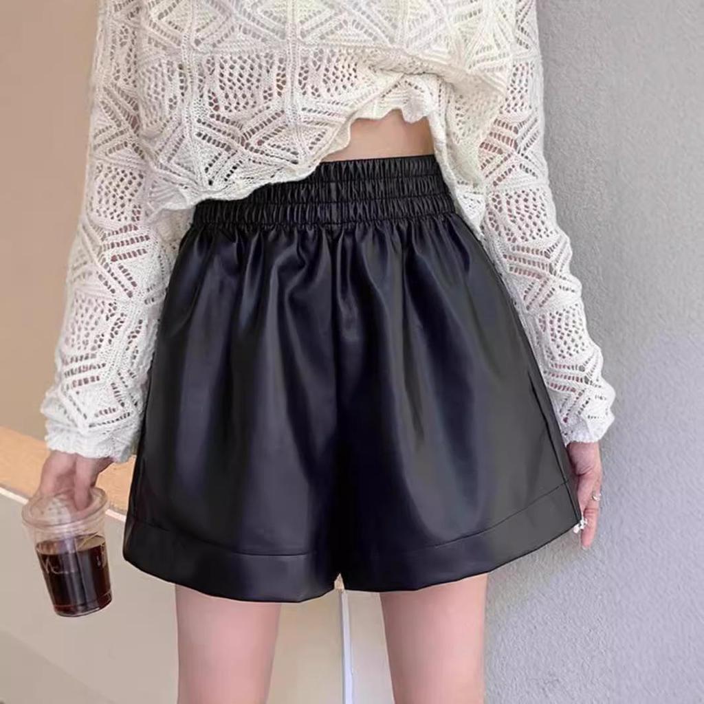 PU Leather Women’s High-Waist A-Line Shorts – Autumn/Winter 2025 Black Fashion Wide-Leg Casual Pants