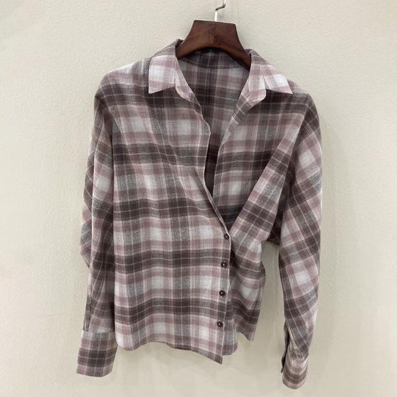 Nanyou Women s High-End Spring/Summer 2026 Pink Coffee Plaid Cotton Shirt with Bias Button Design 38