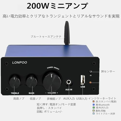 200W Power Amplifier with Bluetooth, Optical Input, Coaxial Input, USB Input, AUX Input, Remote Control, Treble and Bass, and AUX Output, Speaker Powe