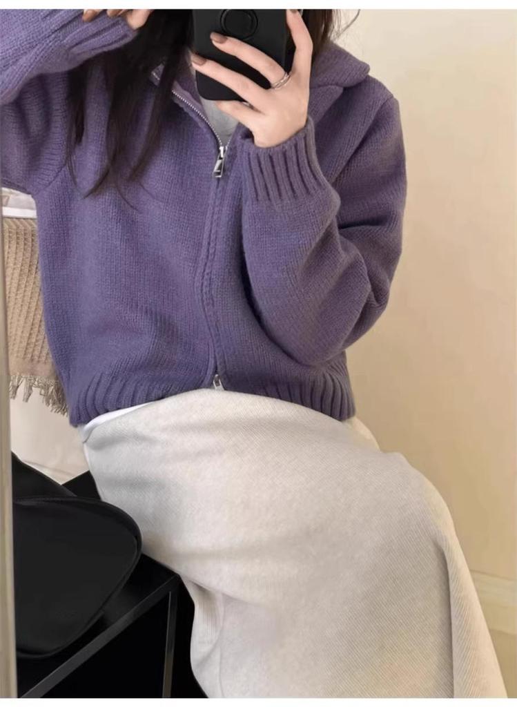 Women's Autumn/Winter Hooded Wool Knit Cardigan - Double Zipper Short Loose Sweater Coat