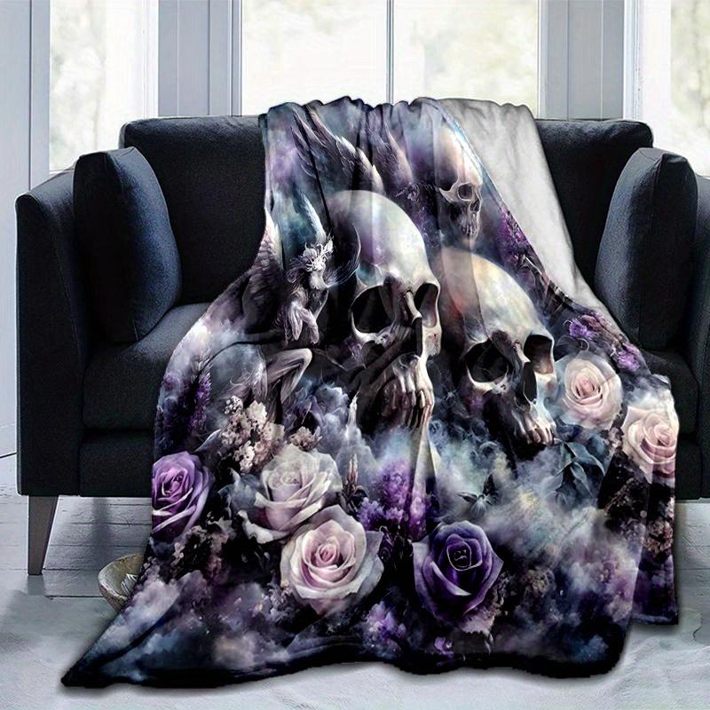 1pc Skulls Angels and Roses Blanket, Soft for Couch Bed Sofa, Living Room, Travel, Camping, Car Blankets