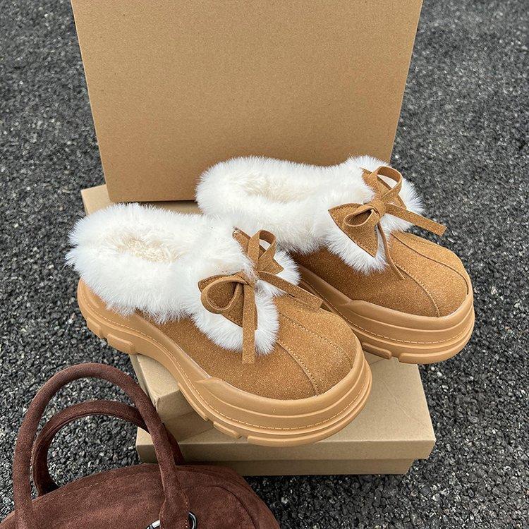 Weiche Lederversion~ Niedliche Schleife Ein-Pedal Halbzopf-Taschenkopf Baumwollschuhe Damen Samt Mode Dicksohlige Flauschige Schneestiefel