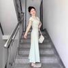 Mambo Green French Pure Desire Square Neck Dress for Women's Summer Slim-fitting Waist and Thin A-word Short-sleeved Long Skirt