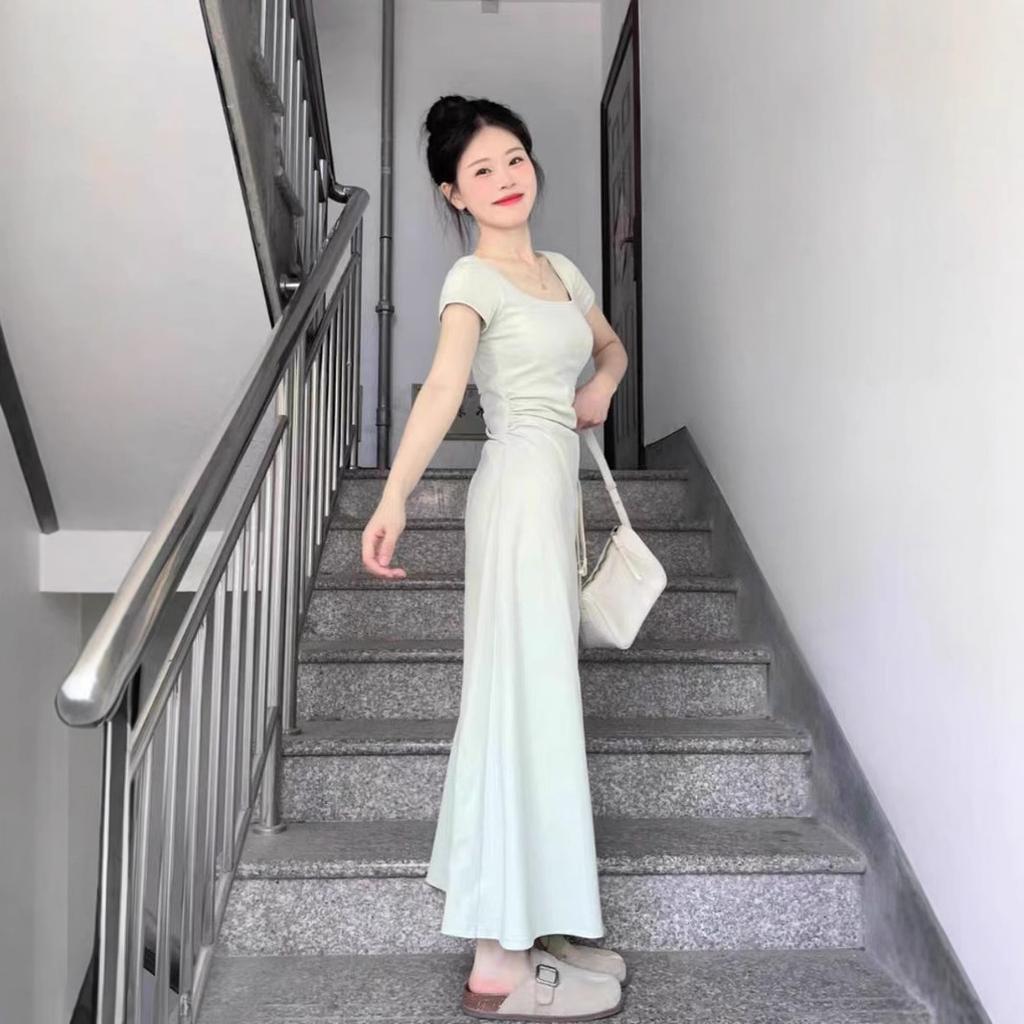 Mambo Green French Pure Desire Square Neck Dress for Women's Summer Slim-fitting Waist and Thin A-word Short-sleeved Long Skirt