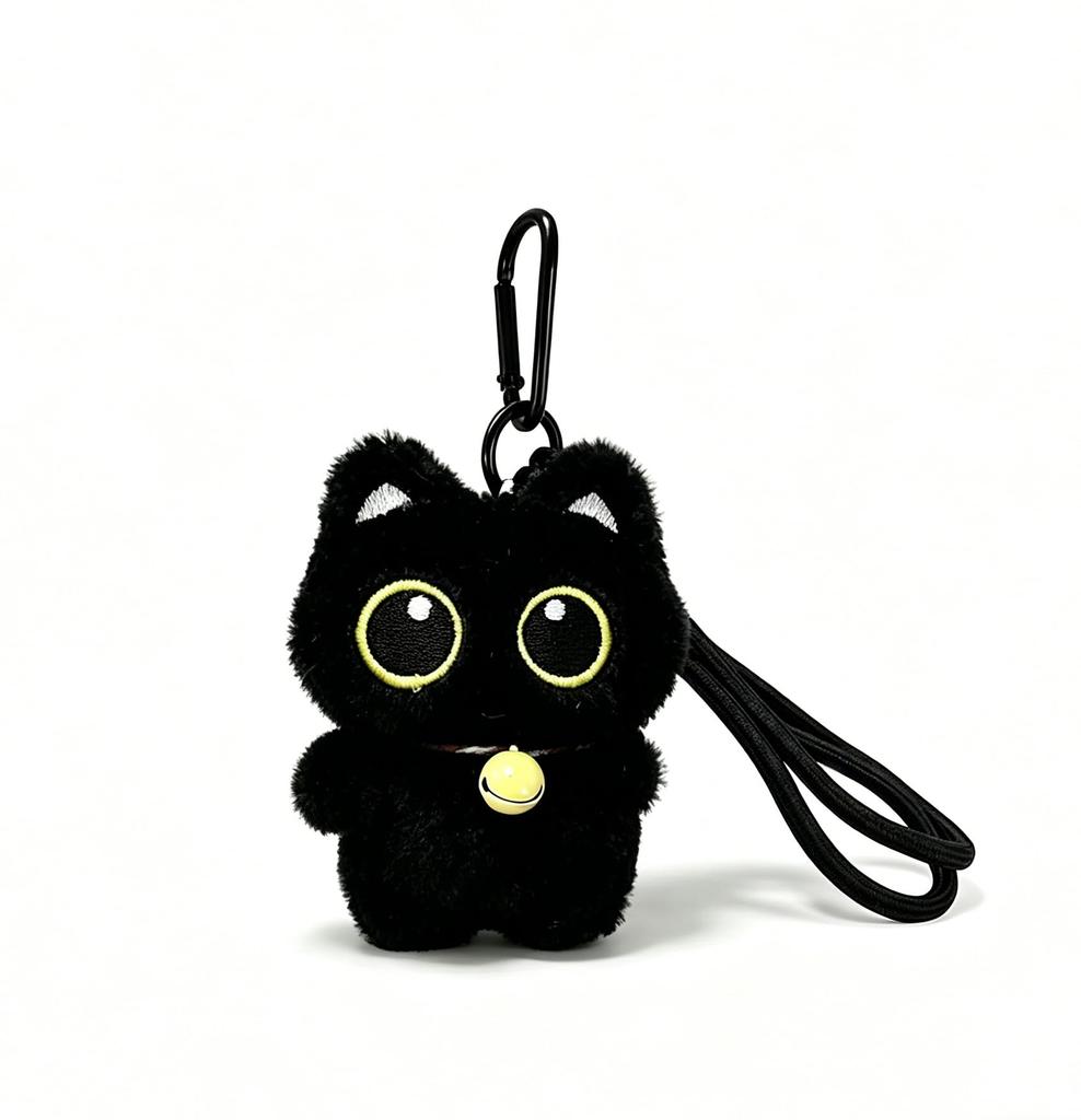 [sansejin] Black Cat Plush Toy, Set of 2, Keychain with Carabiner, Cute Cat with Big Eyes, Charm, Bag Decoration, Gift for Women