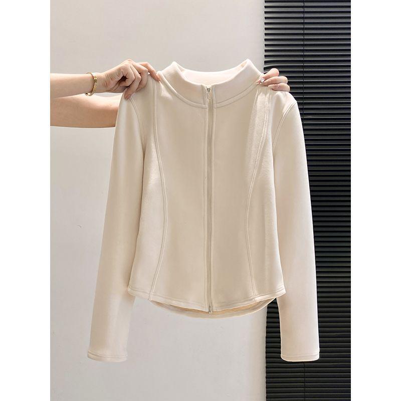 Women's Plus Size German Velvet Double Zipper Stand Collar Long Sleeve Slimming Jacket for Autumn/Winter