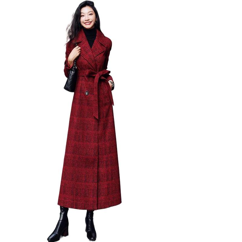 Red Plaid Wool Belted Coat with Notched Lapel Slim Fit Over Knee Simple Elegant Trench Jacket for Women