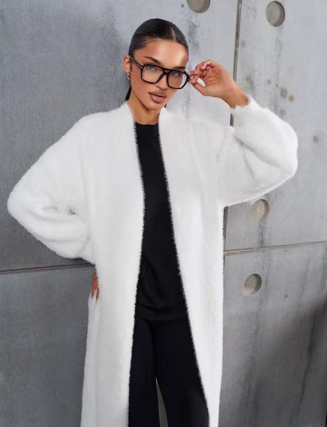 Women's White Long Knitted Over-the-Knee Cardigan - Imitation Mink Velvet