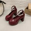 Französische Perlen Mary Jane Damen Runde Spitze Flacher Mund Ein Schnallenriemen Blockabsatz Plateau Pumps