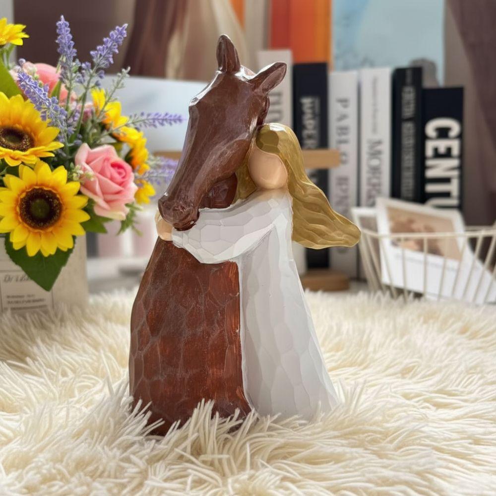 Hand-Drawn Design Resin Horse Statue Detailed Design Classic Style Horse Figurine Elegant Figurine Girl Hugging Horse