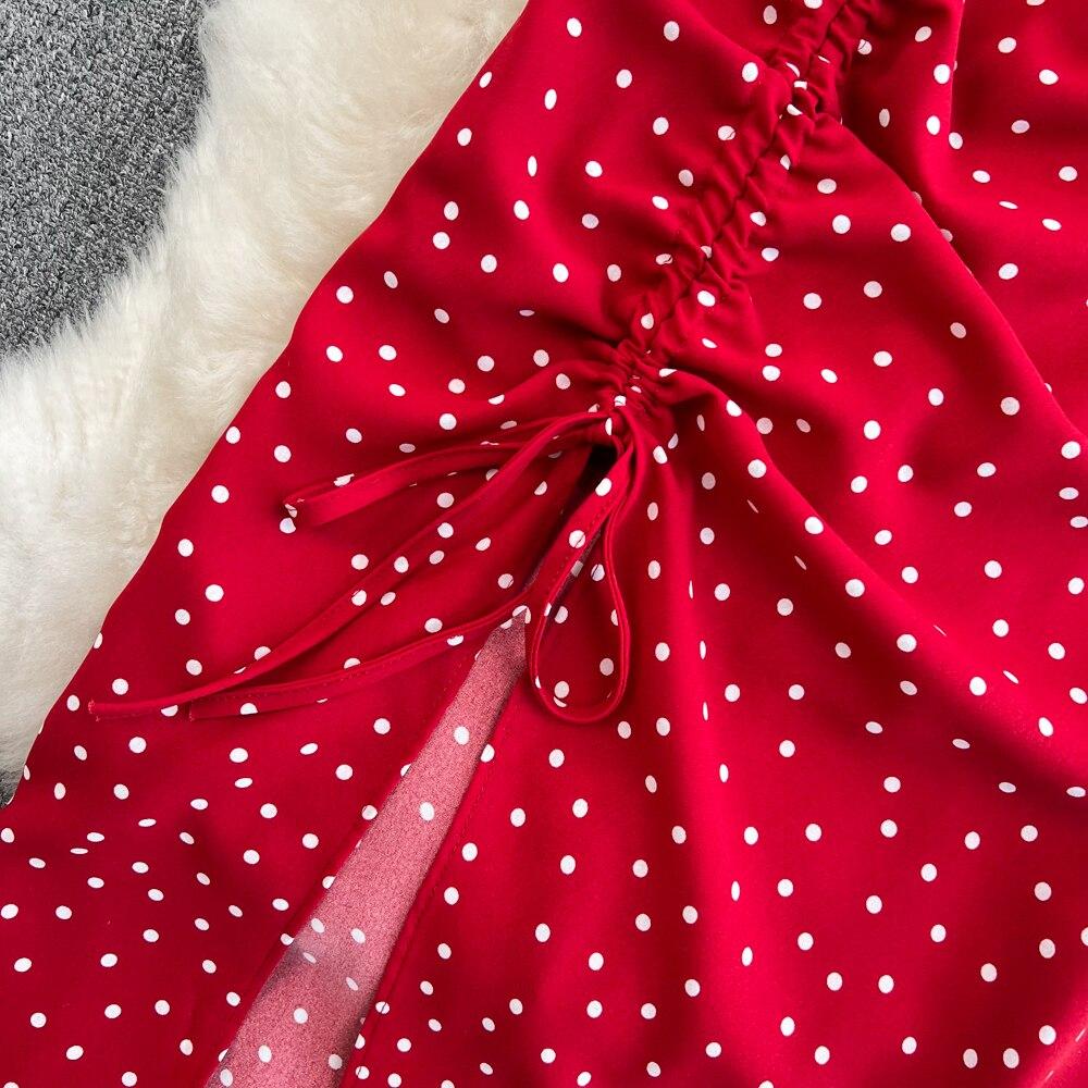 Seaside Holiday Backless Super Sexy Square Collar Slim-fitting Sleeved Mid-length Split Dot Dress