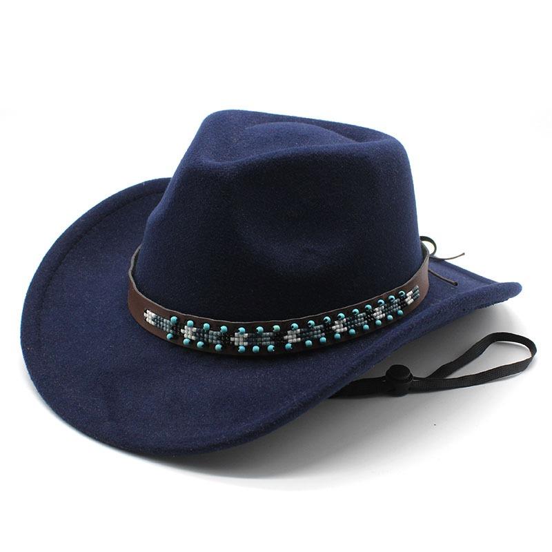 Tibetan Style Western Cowboy Hat Large Brim Wool Felt Hat 10 Colors Windproof Rope