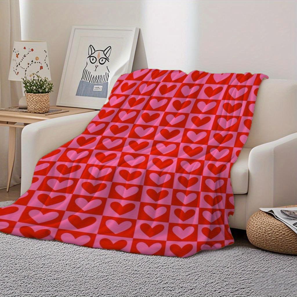 Red and Pink Heart and Plaid Print Flannel Throw Blanket Soft Warm and Cozy for Couch Bed Office or Camping All-Season Use