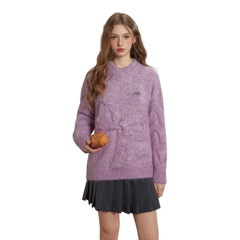 

UNIFREE Women s Bow-Knot Cable Knit Pullover Sweater One Size