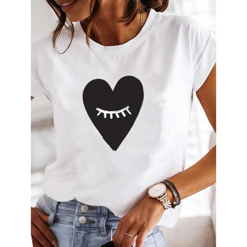 (Europäische Größe) Aquarell Damen T-Shirt Oberteil Kleidung Liebe Herz Lieblich Lässig Kurzarm Mode Druck Damen T-Shirt Weiblich Grafik T-Shirts