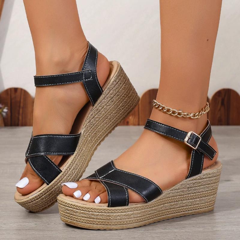 2026 Summer Waterproof Platform Wedge women s Sandals PU Leather thick bottom sandles Buckle Elegant open toe women Roman Shoes 36 чёрный 3840₽