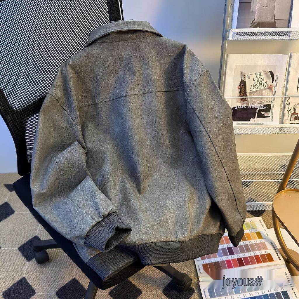 Men's Trendy Retro Brown Leather Baseball Jacket - Suede, Short, Roguish Style for Spring/Autumn