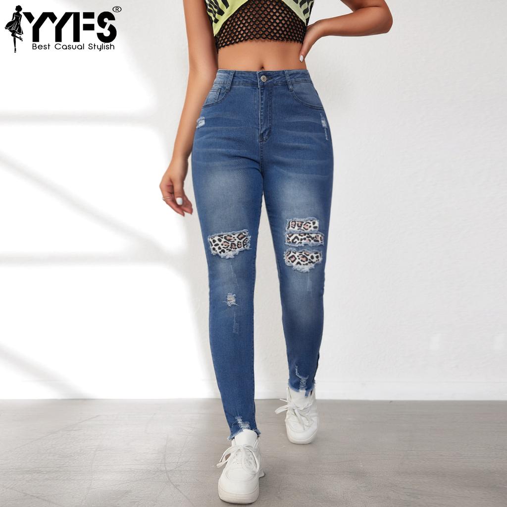 YYFS Women's Fashion Ripped Denim Leopard Print Casual Middle Waistline Trousers Pants & Capris Casual Trousers