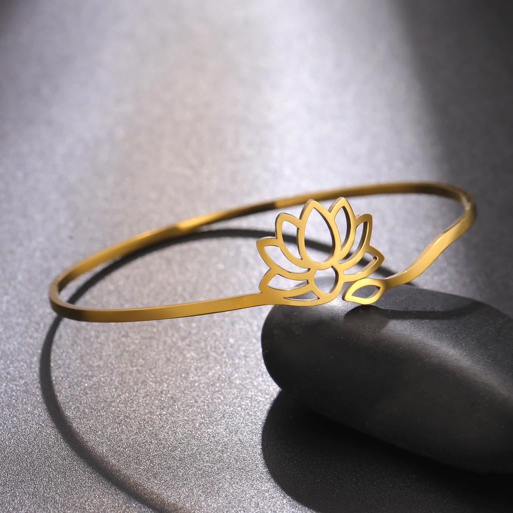 Lemegeton Yoga Lotus Stainless Steel Cuff Band Women's Bracelet Bohemian Jewelry Elegant and Simple Lover Gift