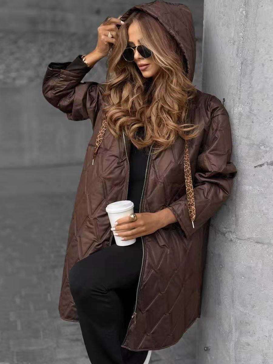 

Жіночий зимовий стьобаний пуховик з капюшоном на шнурку, повсякденний XL темно-коричневого кольору