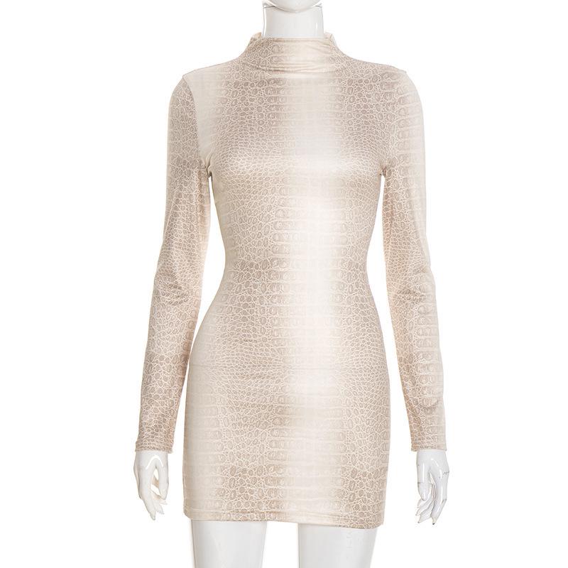 Snake Print Slim Fit Long Sleeve Bodycon Dress - European Style M