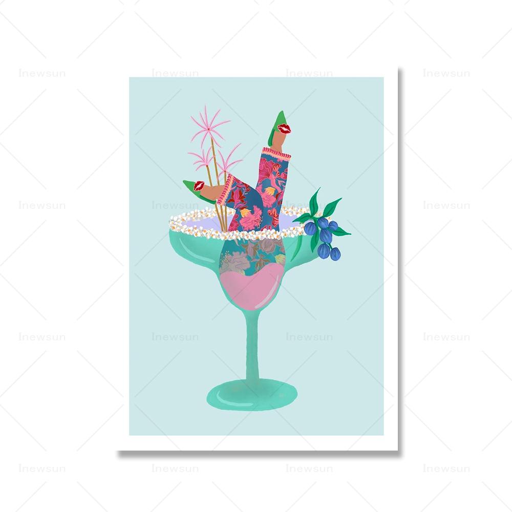 Farbenfroher botanischer Cocktail-Kunstdruck, Margarita-Cocktail-Mädchen, Poster, Zitronenbeine, Getränke, Leinwandgemälde, Küche, Club, Wanddekoration
