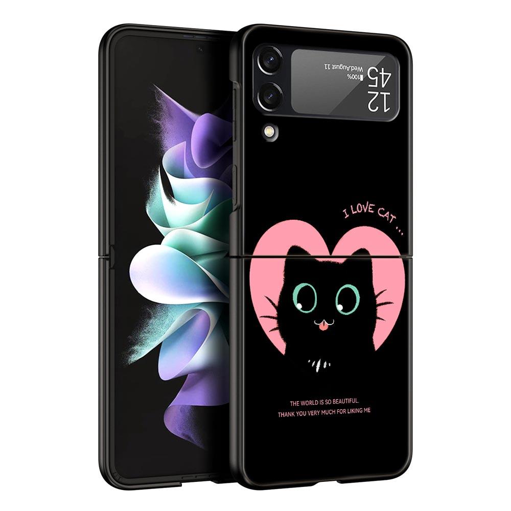 Cute Cartoon Black Cat Phone Case For Samsung Galaxy Z Flip3 Flip4 Flip5 Case Shell For Z Flip 3 4 5 6 7 Hard Folding Cover