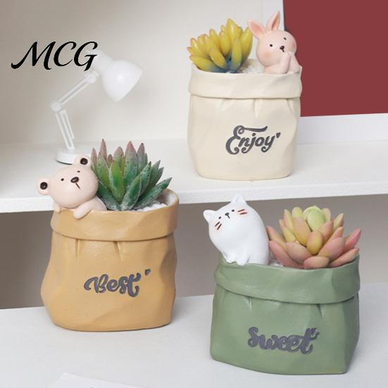 Pen Holder Wrinkled Paper Bag with Animal Decor, Resin Desk Cup Organizer & Succulents Planter, Cute Stationery Gift for Students Office Soft
