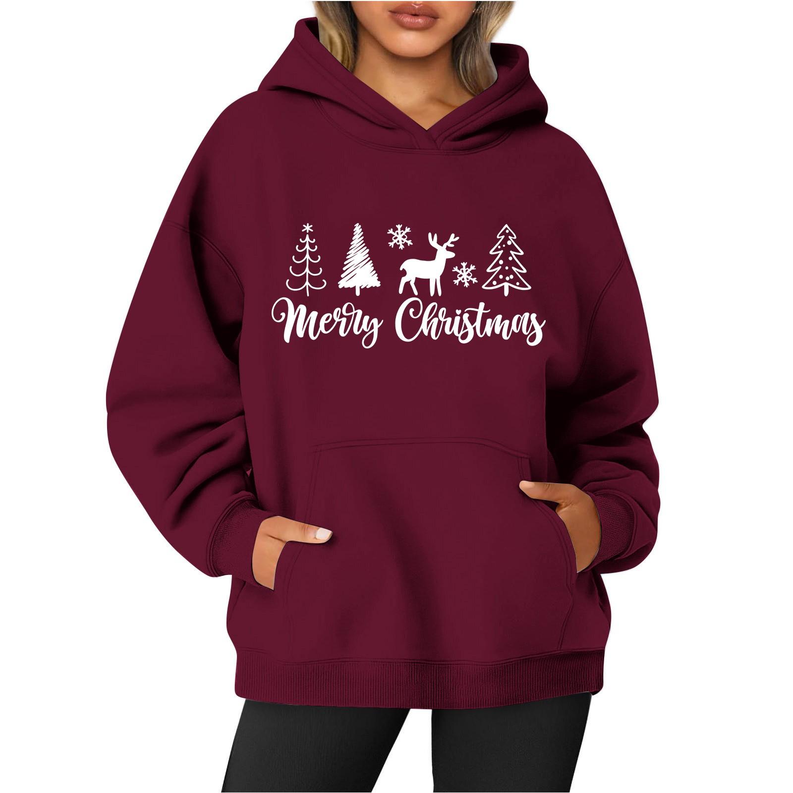 

Женская толстовка с круглым вырезом и длинными рукавами с рождественским принтом XXXL винный