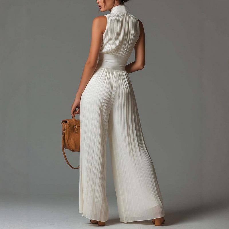 Women's Sleeveless High Waist Wide Leg Jumpsuit Pleated Detail Solid Jumpsuit