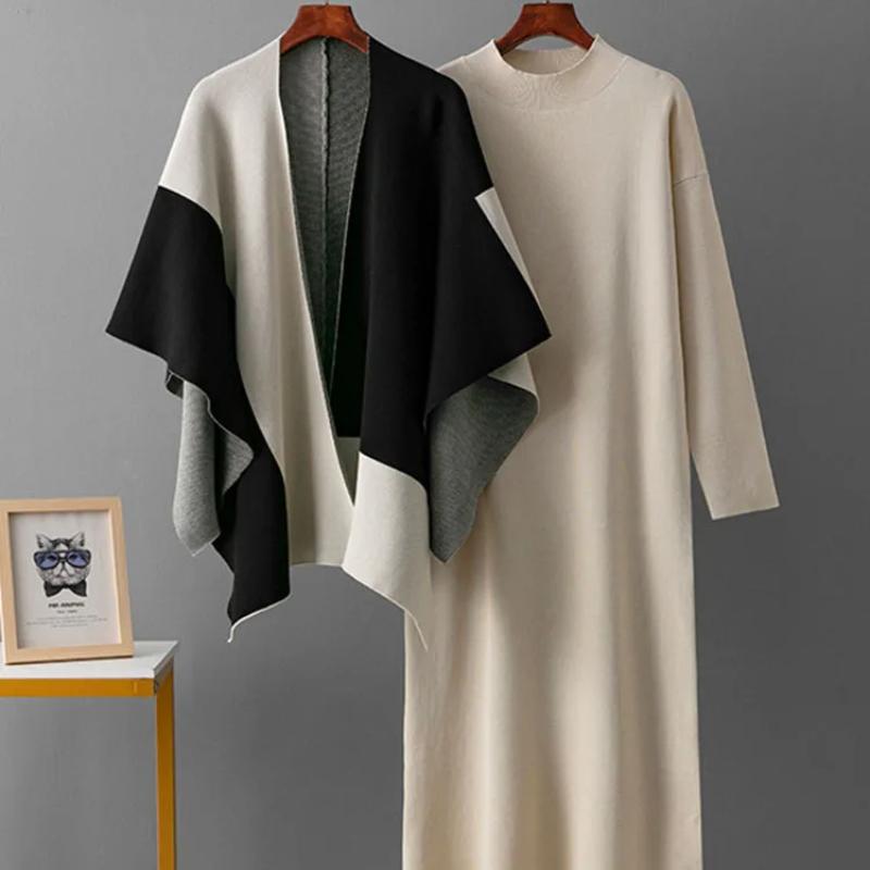 Koreanisches Design Gestrickte 2-teilige Sets Damen O-Ausschnitt Strickwaren Einfarbig Pullover Kleid Conjuntos Herbst Winter Casual Schal Outfit