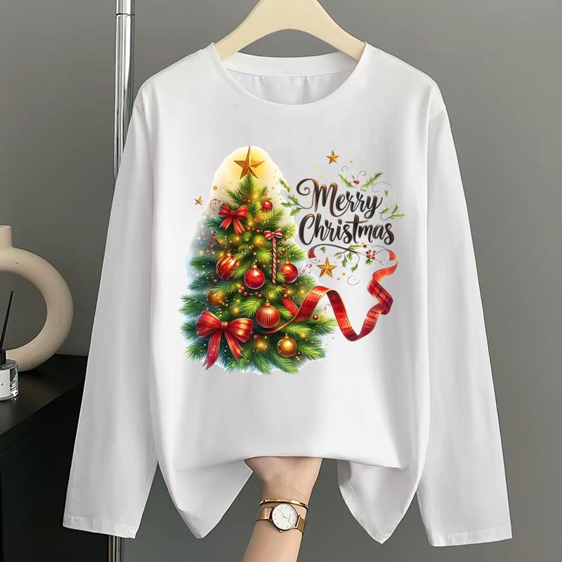(Asian Size) Letter Lovely Women Autumn Winter Print T Shirt Christmas Holiday Graphic Tee Casual Fashion Top Clothing Long Sleeve T-shirts