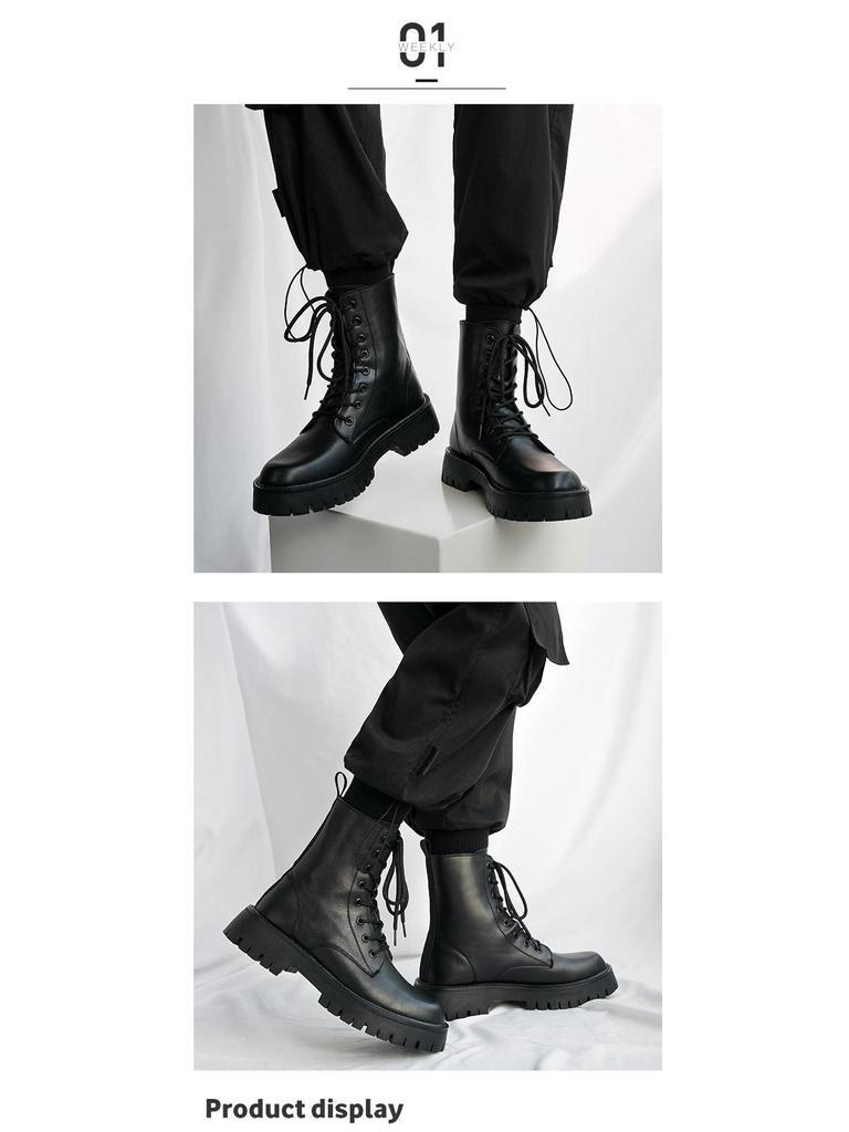 Men's Black British-Style Soft Leather High-Top Martin Boots with Thick Soles for Autumn and Motorcycle Wear.