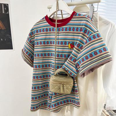 2024 Damen Retro Gestreiftes Baumwoll-T-Shirt mit Rundhalsausschnitt
