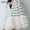 Korean Style Autumn Winter Women Knitting Cardigan V Neck Grey Brown Beige Loose Oversized Striped Knitted Outerwear With Faux Fur Trim
