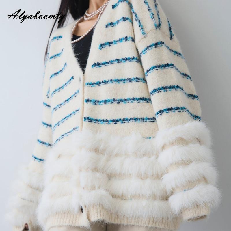 Korean Style Autumn Winter Women Knitting Cardigan V Neck Grey Brown Beige Loose Oversized Striped Knitted Outerwear With Faux Fur Trim